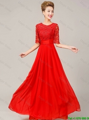 Fashionable Scoop Laced Red Prom Dresses with Half Sleeves