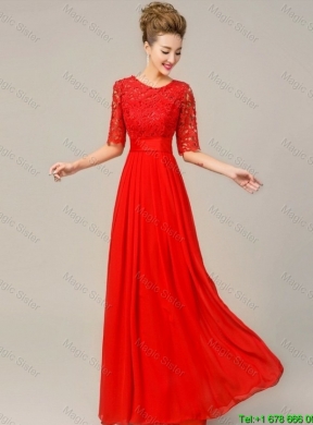 Fashionable Scoop Laced Red Prom Dresses with Half Sleeves