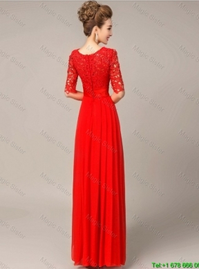 Fashionable Scoop Laced Red Prom Dresses with Half Sleeves