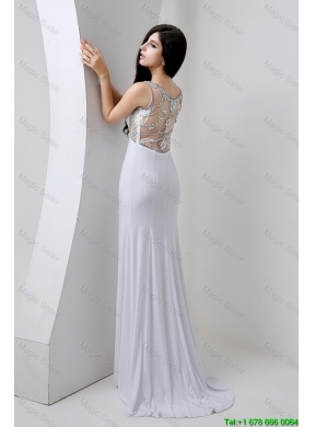 Gorgeous Beaded Brush Train Prom Dresses with High Slit