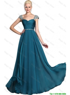 Gorgeous Beaded Teal Cap Sleeves Prom Dresses with Straps