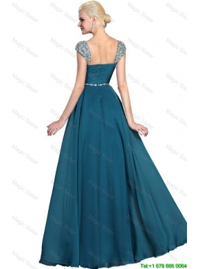 Gorgeous Beaded Teal Cap Sleeves Prom Dresses with Straps