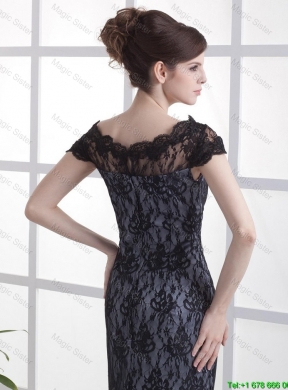 Luxurious Column Lace Black Prom Dresses with Brush Train