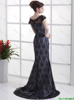 Luxurious Column Lace Black Prom Dresses with Brush Train