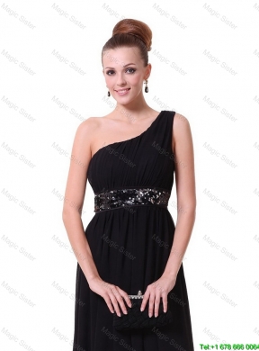 2015 Pretty One Shoulder Sequined Prom Dresses in Black