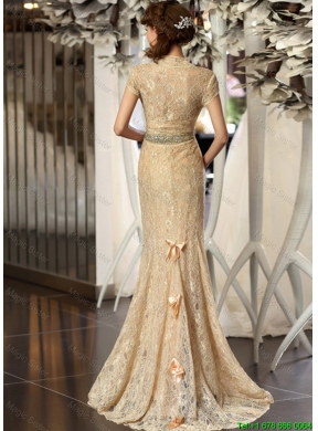 2016 New Style Column V Neck Lace Prom Dresses with Brush Train