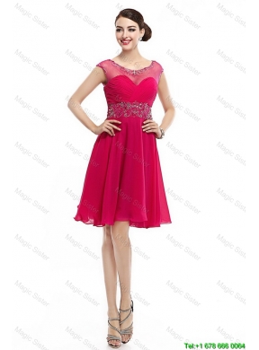 Beautiful Mini Length Scoop Hot Pink Prom Dresses with Cap Sleeves