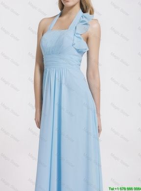 Gorgeous Halter Top Ruffles and Belt Baby Blue Prom Dresses for 2016