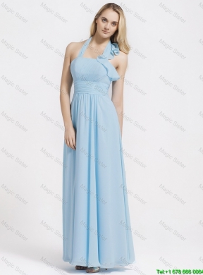 Gorgeous Halter Top Ruffles and Belt Baby Blue Prom Dresses for 2016