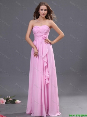 Modest Ruching and Hand Made Flower Prom Dress in Rose Pink