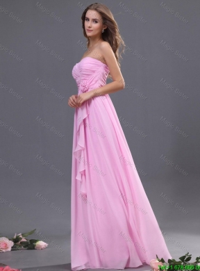 Modest Ruching and Hand Made Flower Prom Dress in Rose Pink