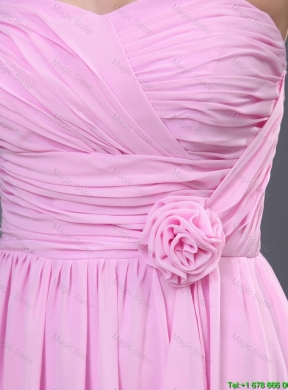 Modest Ruching and Hand Made Flower Prom Dress in Rose Pink