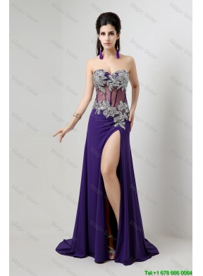 Popular Brush Train Prom Dresses with Beading and High Slit