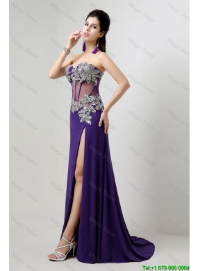 Popular Brush Train Prom Dresses with Beading and High Slit