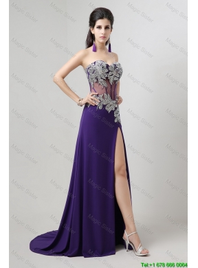 Popular Brush Train Prom Dresses with Beading and High Slit