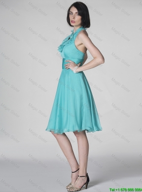 The Super Hot Halter Top Turquoise Prom Dresses with Ruffles and Belt