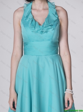 The Super Hot Halter Top Turquoise Prom Dresses with Ruffles and Belt