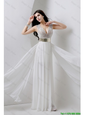 Classical Empire V Neck White Prom Dresses with Beading and Belt