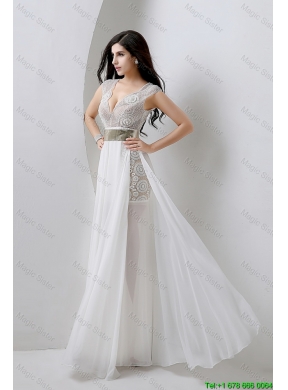 Classical Empire V Neck White Prom Dresses with Beading and Belt