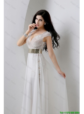 Classical Empire V Neck White Prom Dresses with Beading and Belt