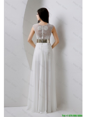 Classical Empire V Neck White Prom Dresses with Beading and Belt