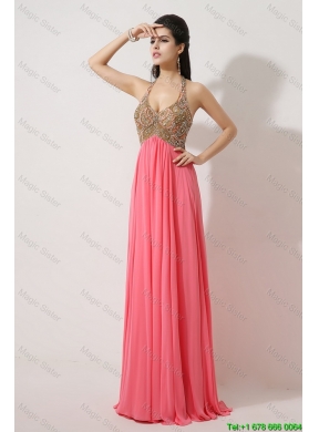 Gorgeous Halter Top Brush Train Prom Dresses in Watermelon Red