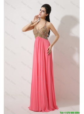 Gorgeous Halter Top Brush Train Prom Dresses in Watermelon Red