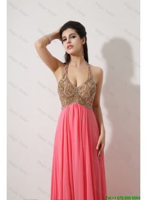 Gorgeous Halter Top Brush Train Prom Dresses in Watermelon Red