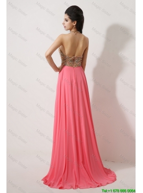 Gorgeous Halter Top Brush Train Prom Dresses in Watermelon Red