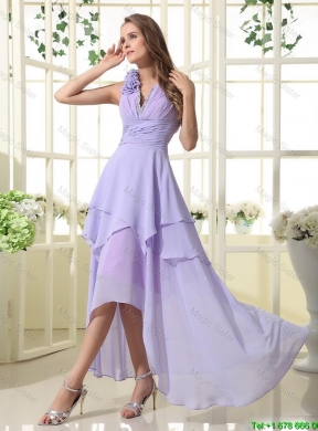 Pretty Empire V Neck Prom Dresses with High Low in Lavender