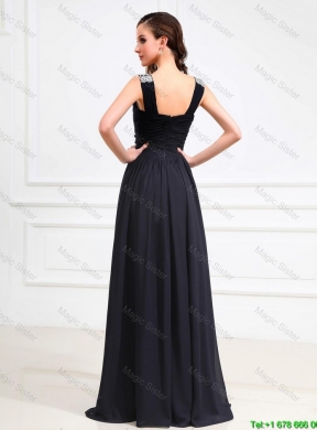 Simple Brush Train V Neck Beaded Prom Dresses in Black