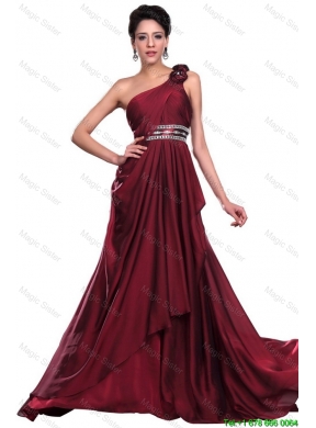 Wine Red Long Prom Dress with Beading and Hand Made Flowers