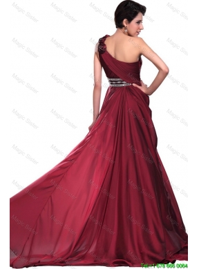 Wine Red Long Prom Dress with Beading and Hand Made Flowers