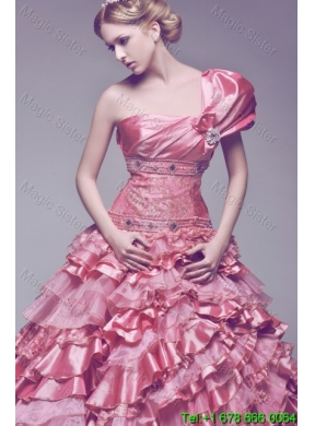 Beautiful One Shoulder Rose Pink Wedding Dresses with Beading and Ruffles
