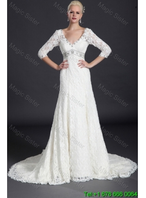 Elegant Empire Lace White Long Wedding Dresses with Court Train for 2016