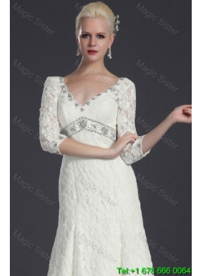 Elegant Empire Lace White Long Wedding Dresses with Court Train for 2016