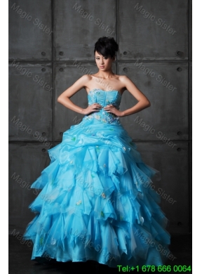 Perfect Ball Gown Appliques and Ruffles Wedding Gowns in Aqua Blue