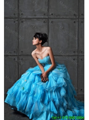 Perfect Ball Gown Appliques and Ruffles Wedding Gowns in Aqua Blue