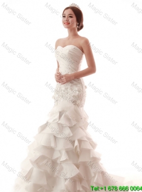 Popular Beading and Ruffles White Wedding Dress with Brush Train