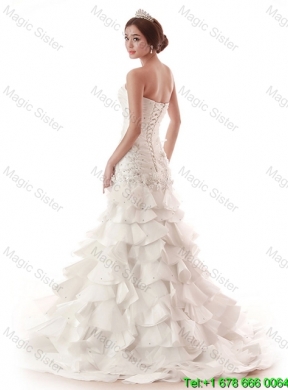 Popular Beading and Ruffles White Wedding Dress with Brush Train