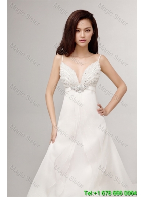 2016 Romantic A Line Spaghetti Straps Court Train Wedding Dress with Beading