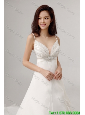 2016 Romantic A Line Spaghetti Straps Court Train Wedding Dress with Beading