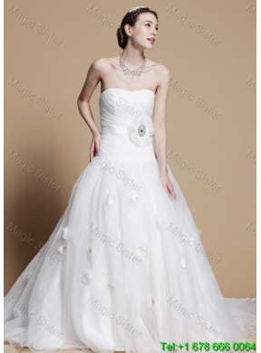 2016 Romantic A Line Strapless Wedding Dresses with Hand Made Flowers