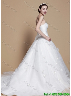 2016 Romantic A Line Strapless Wedding Dresses with Hand Made Flowers