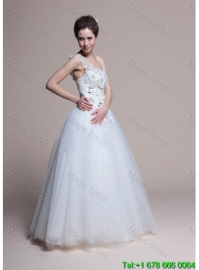 Affordable A Line One Shoulder Appliques Wedding Dresses in Tulle