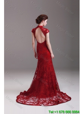 Exquisite Cap Sleeves Mermaid Wine Red Wedding Dresses with Brush Train