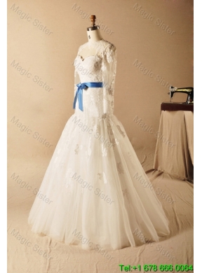 Custom Made A Line High Neck Appliques Wedding Dresses with Ribbons