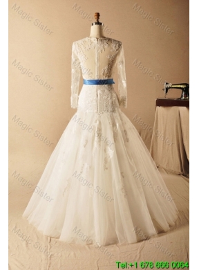 Custom Made A Line High Neck Appliques Wedding Dresses with Ribbons