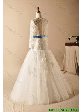 Custom Made A Line High Neck Appliques Wedding Dresses with Ribbons