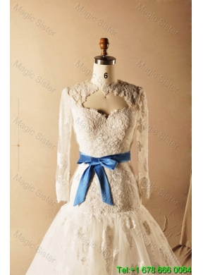 Custom Made A Line High Neck Appliques Wedding Dresses with Ribbons